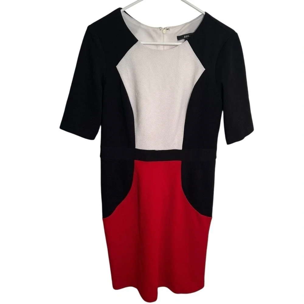 R&K Women's Size 10 Colorblock Dress Black White Red Textured Short Sleeve Round